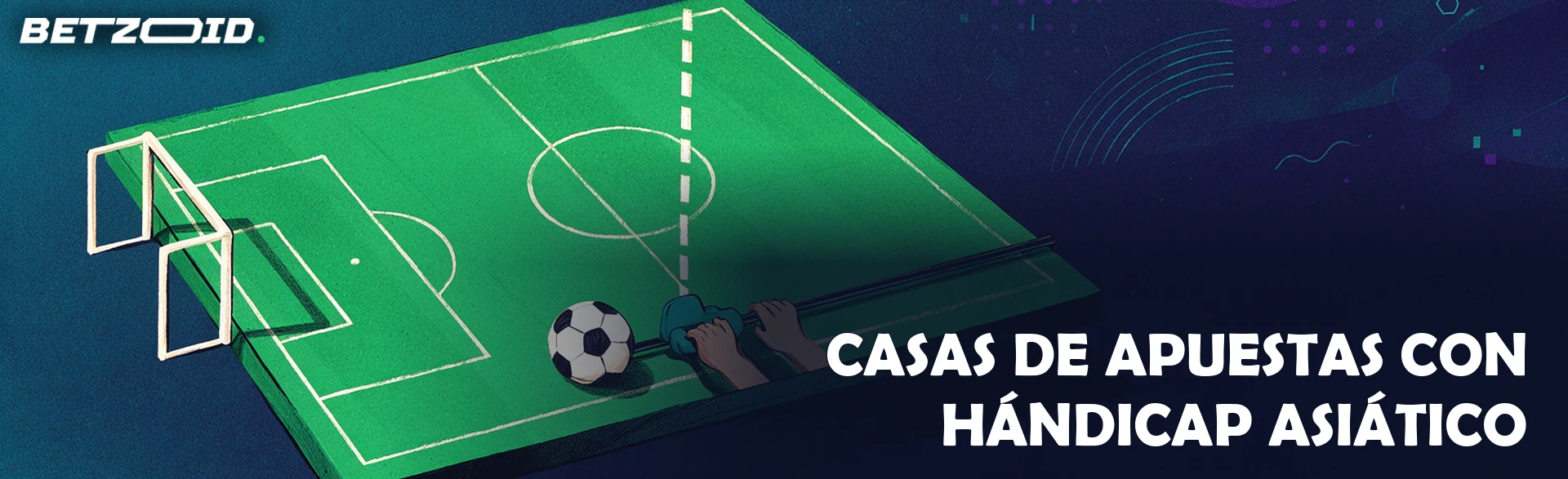 Ilustración de un campo de fútbol inclinado con una línea móvil sobre un raíl que unas manos desplazan junto a un balón y una portería.