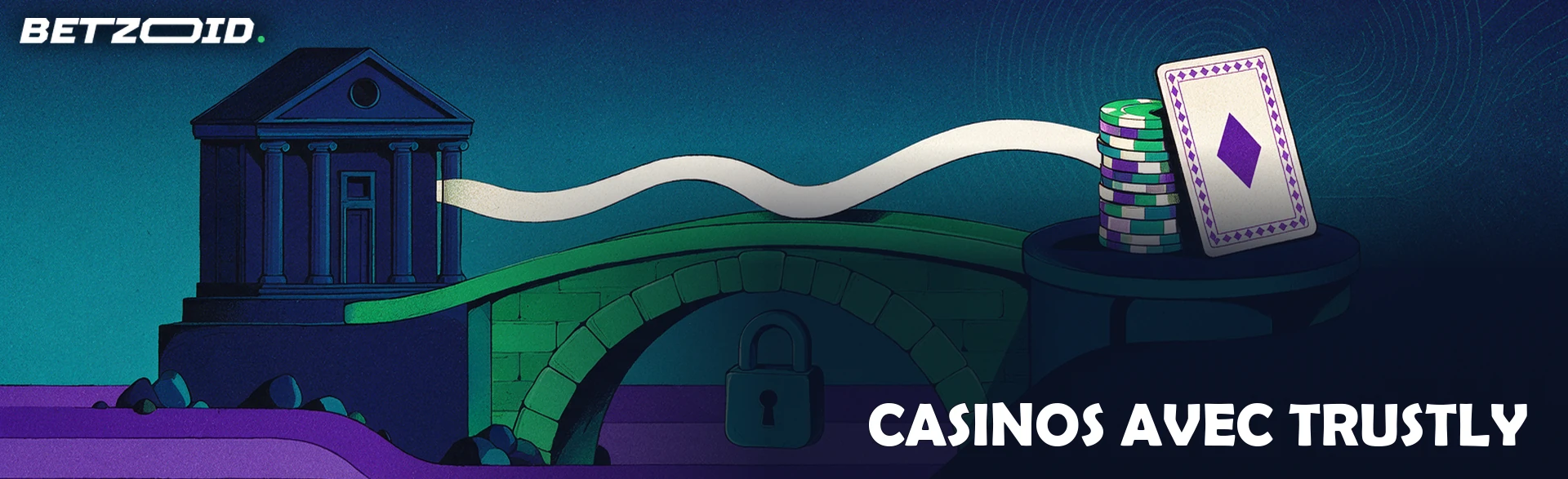 Illustration d'un pont vert reliant un bâtiment bancaire à une plateforme portant des jetons de casino et une carte à jouer, avec un cadenas en clé de voûte.