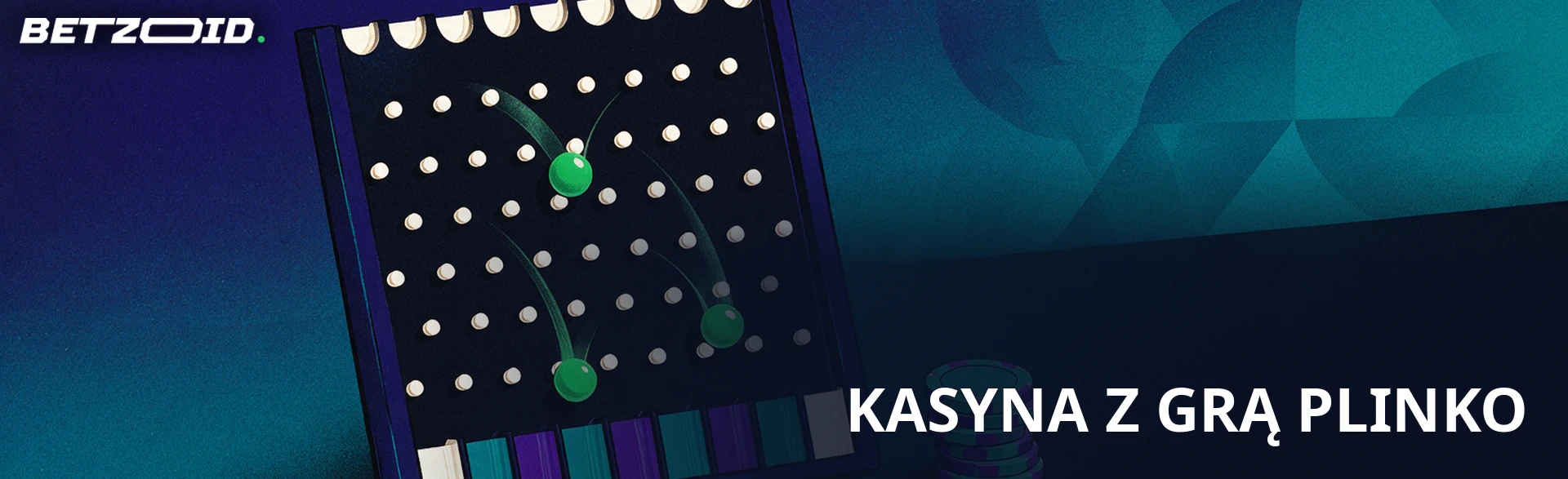 Ilustracja dużej planszy Plinko ustawionej pod kątem, z trzema zielonymi kulkami spadającymi między kołkami i stosem żetonów obok.