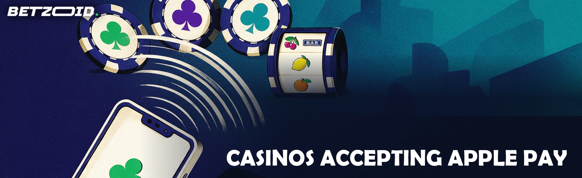 Illustration of a tilted smartphone sending a ribbon of contactless waves toward casino chips and a slot reel.