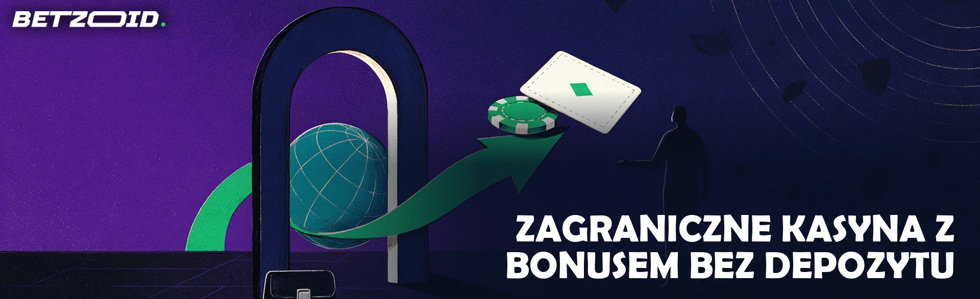 Ilustracja: przez kamienny łuk z kulą ziemską zielona wstęga unosi żetony i kartę w stronę postaci, a przy podstawie leży zamknięta sakiewka.