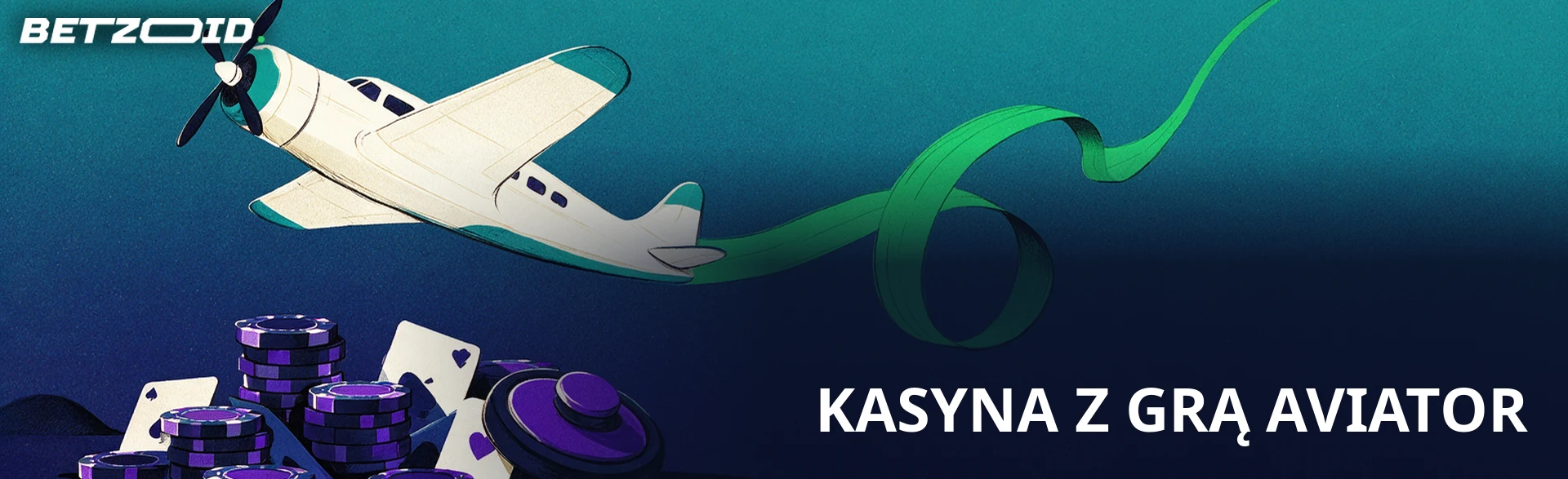 Ilustracja samolotu startującego znad stosu żetonów i kart, z zieloną wstęgą i okrągłym przyciskiem obok.