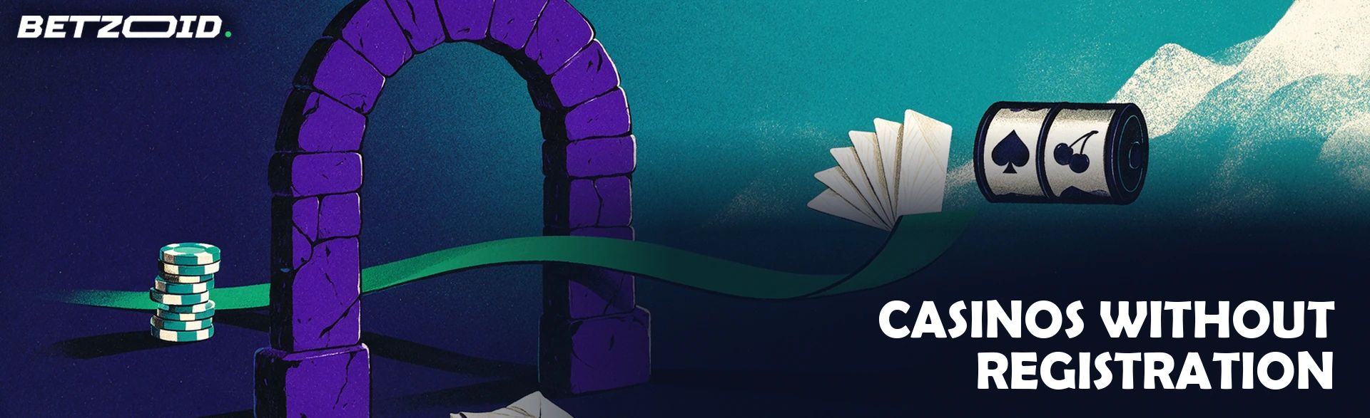 Illustration of chips travelling along a green path through an open archway toward playing cards and a slot reel, with a discarded blank form