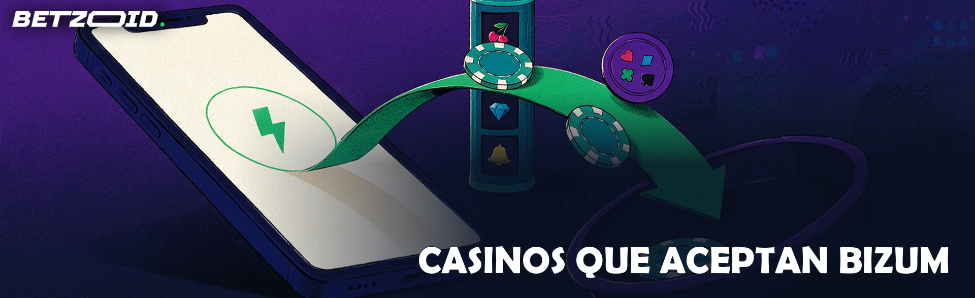 Ilustración de un teléfono móvil inclinado del que sale una cinta verde con fichas de casino que caen en una bandeja circular, junto a un tambor de máquina tragaperras.