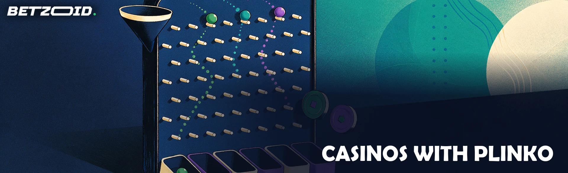 Illustration of an angled Plinko board with three coloured balls cascading through pegs into catch bins beside casino chips.