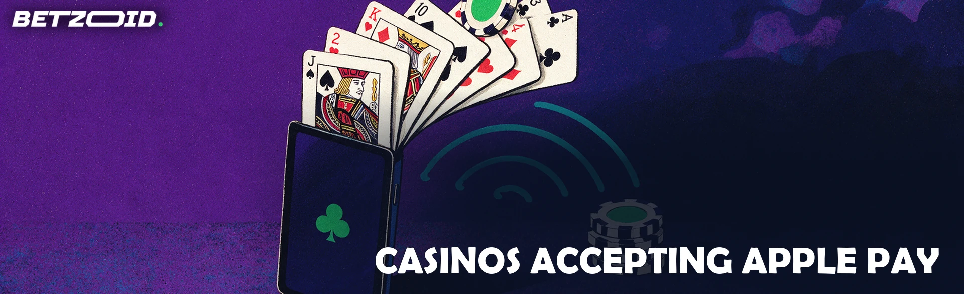 Illustration of an upright smartphone with playing cards and chips fanning out of it, contactless waves arching toward a chip stack.