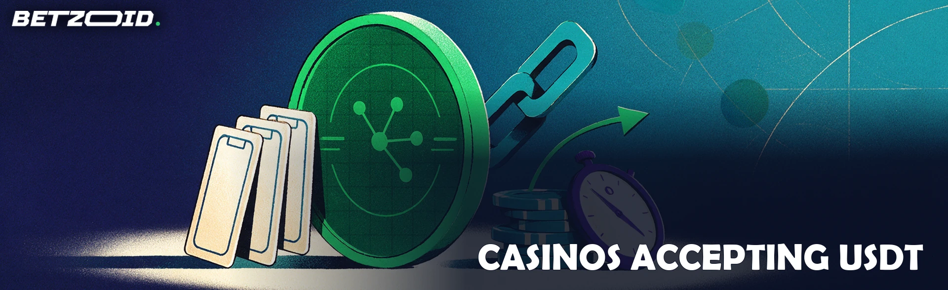 Illustration of an upright crypto token standing beside playing cards, casino chips, chain links and a stopwatch on a dark gradient background.