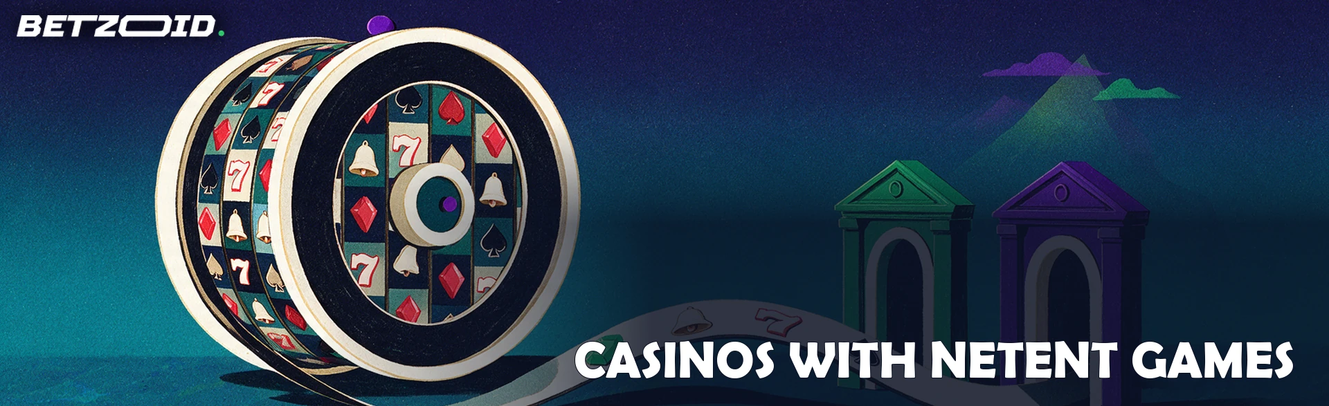 Illustration of a reel drum unwinding a strip of slot game symbols that flows into two arched casino entrances.