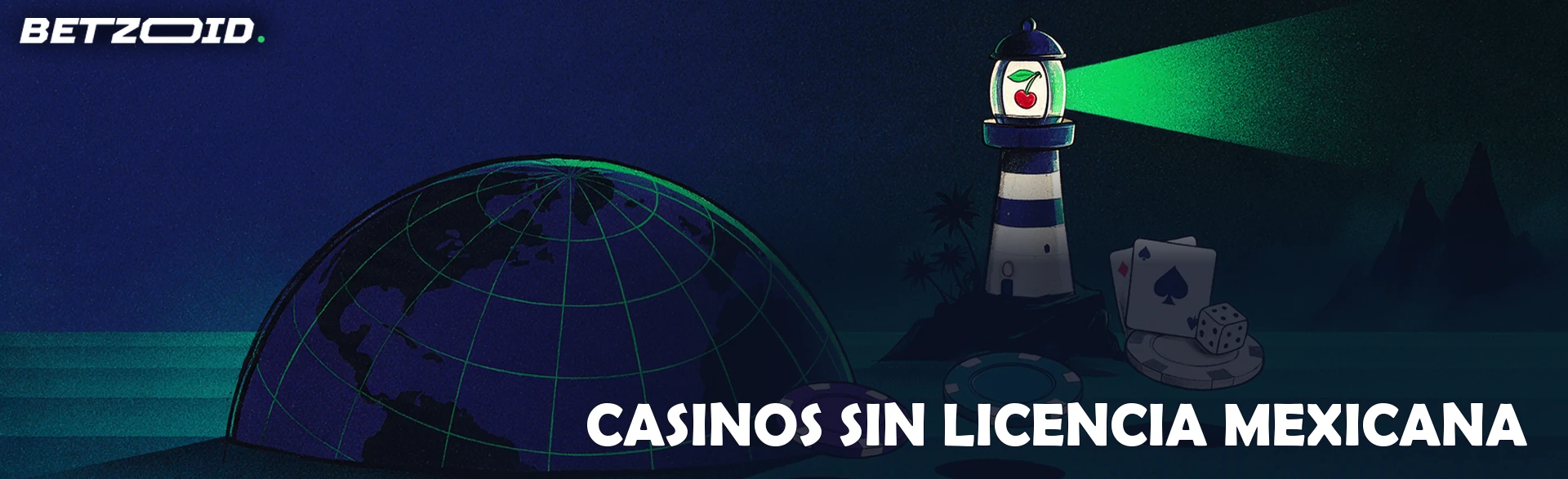 Ilustración de un globo terráqueo estilizado junto a un faro con ventana de tragamonedas en una isla, unidos por fichas de casino sobre el mar.