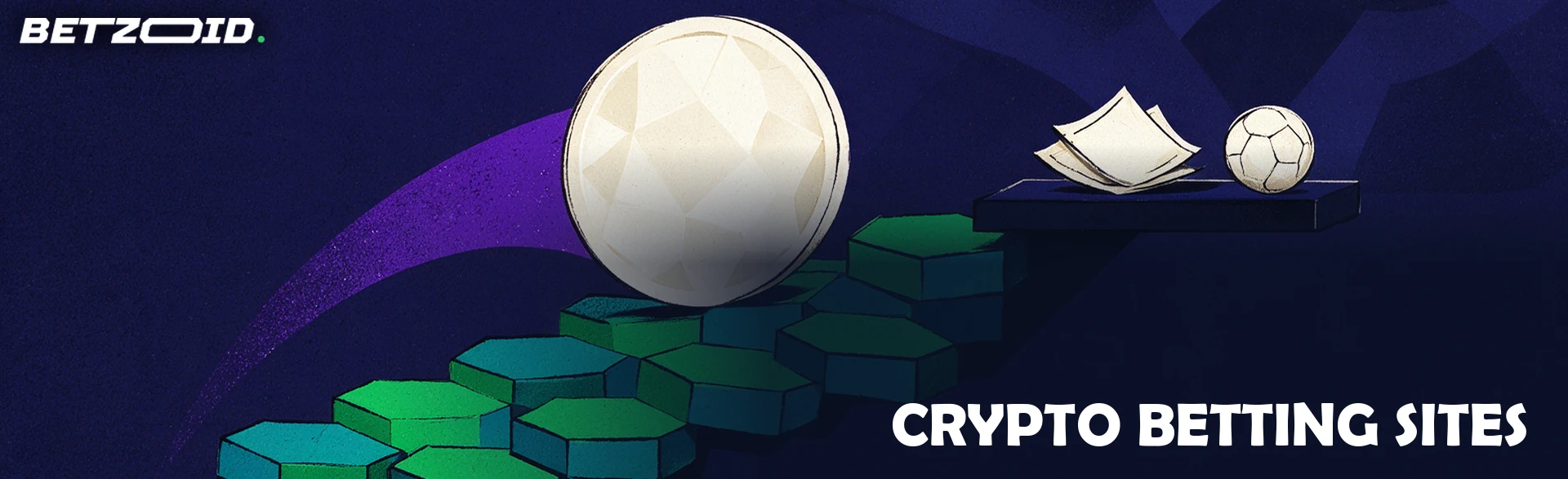 Illustration of a crypto token rolling up a bridge of blockchain tiles toward a betting slip and a ball.