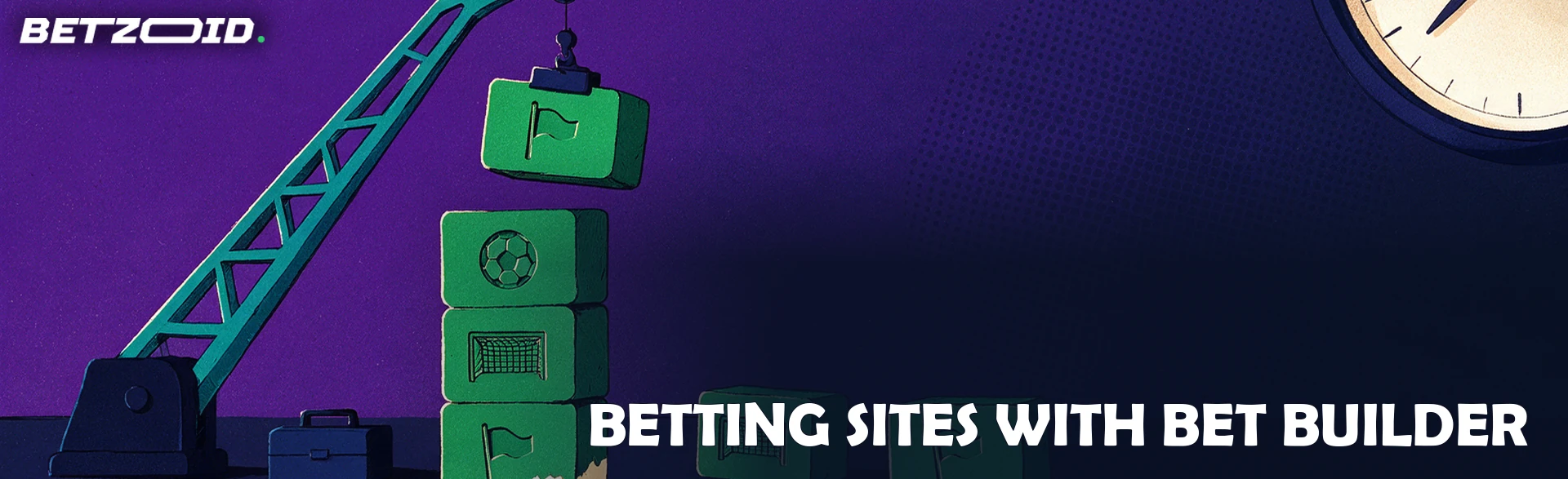 Illustration of a crane clamp stacking football-symbol blocks that build the shape of a betting slip.