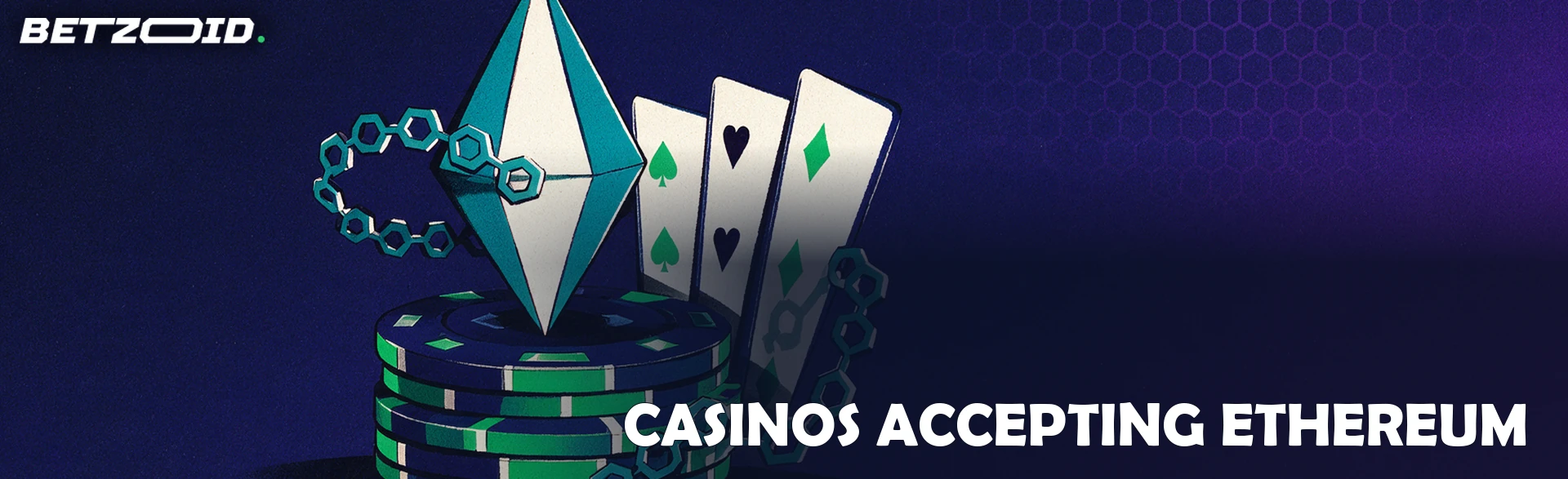 Illustration of a tall crystal octahedron standing on a plinth of casino chips with playing cards and a chain of hexagonal links behind it