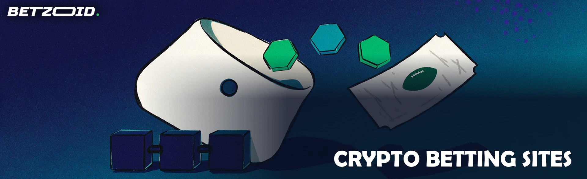 Illustration of faceted digital coins arcing from an open wallet on a chain-block plinth into a betting slip with a football symbol.