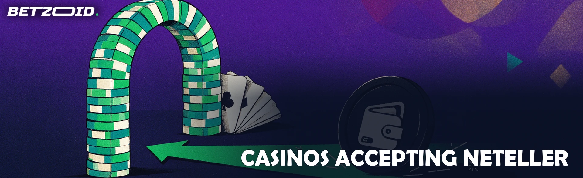 Illustration of a large wallet token rolling along a green arrow toward an archway built from casino chips and playing cards.