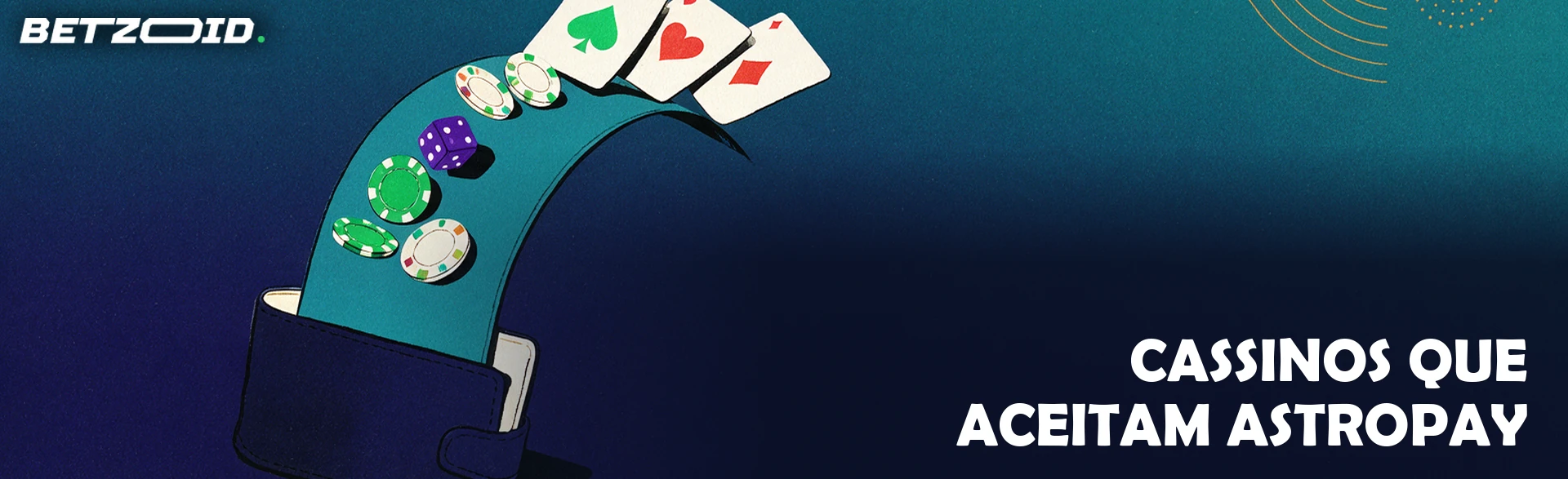 Ilustração de um cartão pré-pago curvado como uma ponte saindo de uma carteira, com fichas e dado subindo até um leque de cartas de baralho.