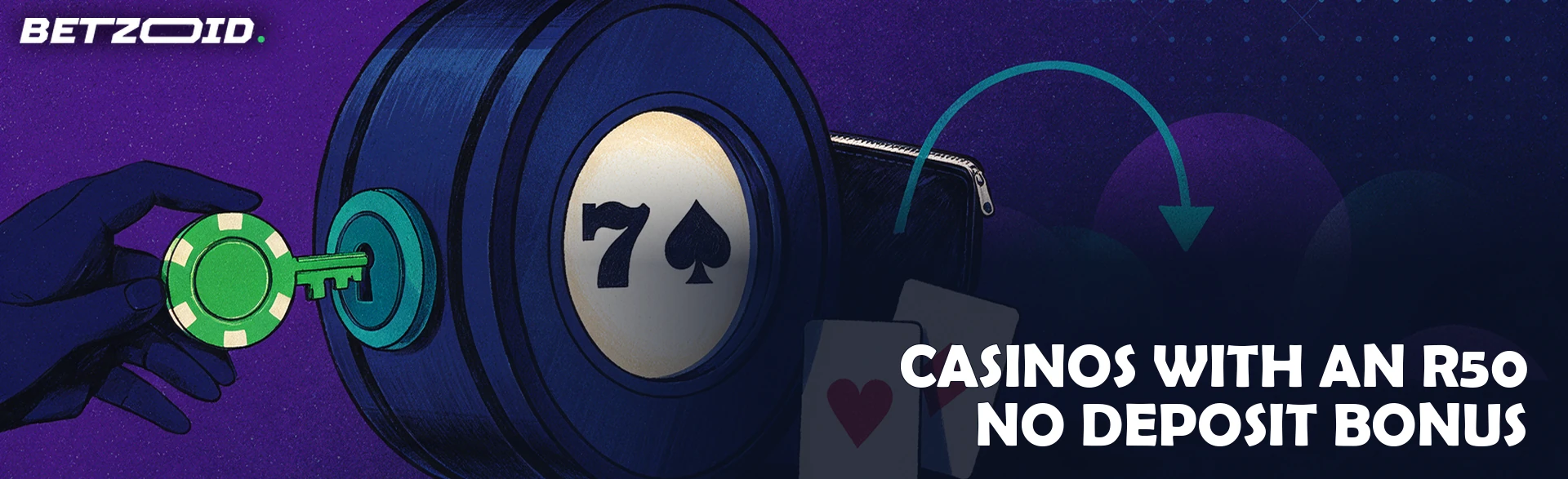 Illustration of a green casino chip used as a key turning a lock on a large slot machine reel beside a closed purse and two playing cards.