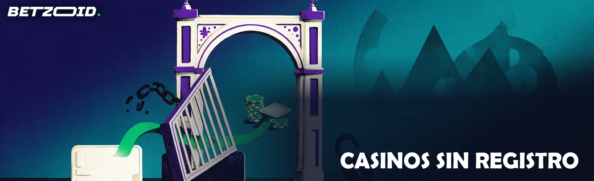 Ilustración de un arco de entrada de casino con la barrera levantada y un candado abierto, mientras un camino verde lleva una tarjeta bancaria hacia fichas de juego.