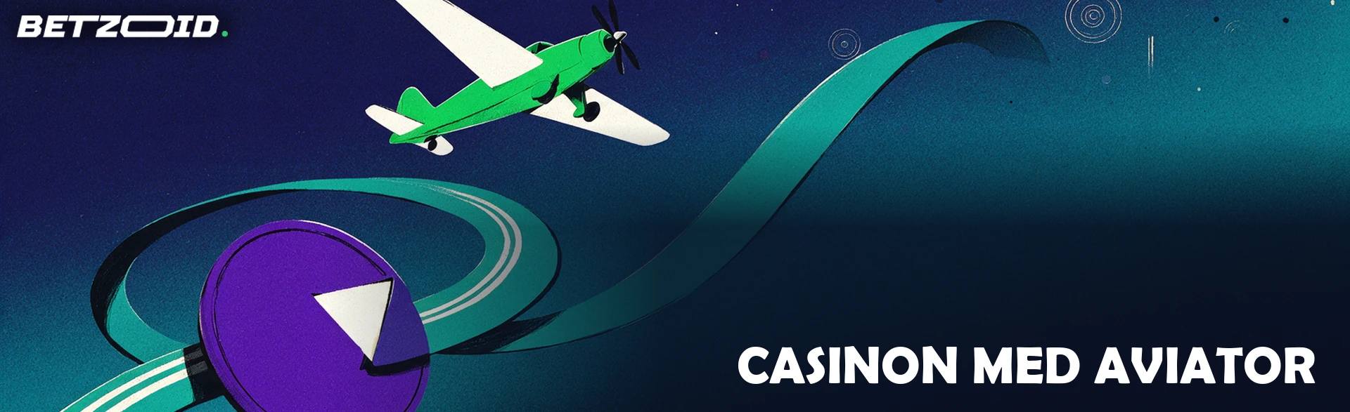 Illustration av ett grönt flygplan som stiger längs en slingrande flygbana ovanför en rund knapp mot mörkblå bakgrund.