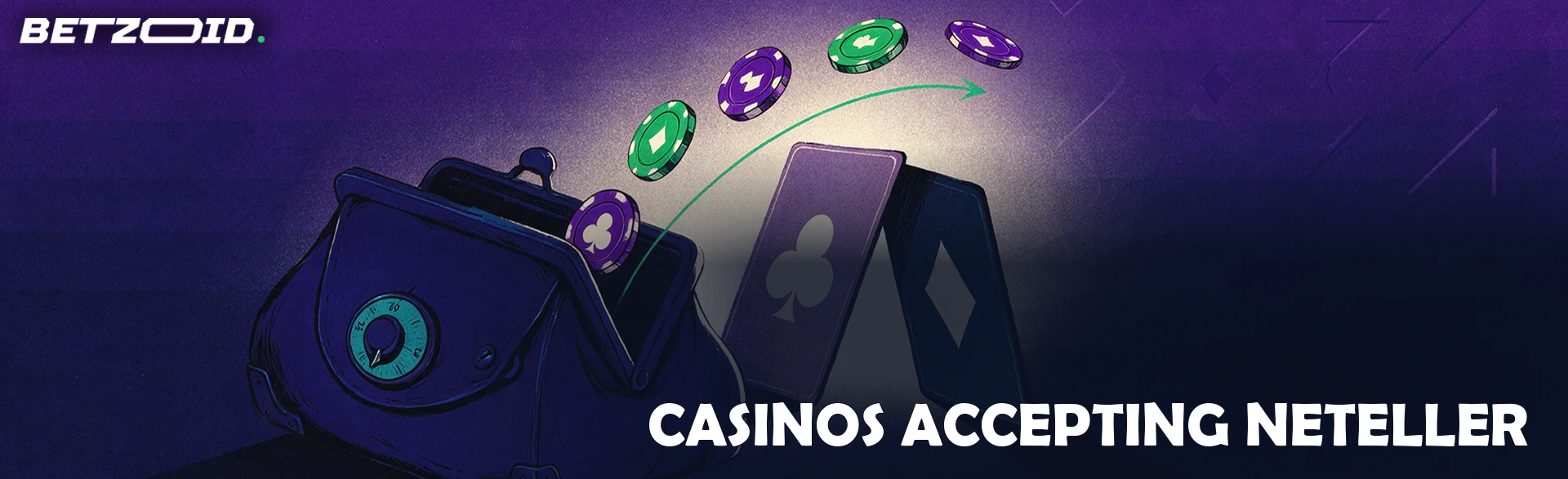 Illustration of an opening wallet strongbox sending an arc of casino chips through an arch made of two playing cards