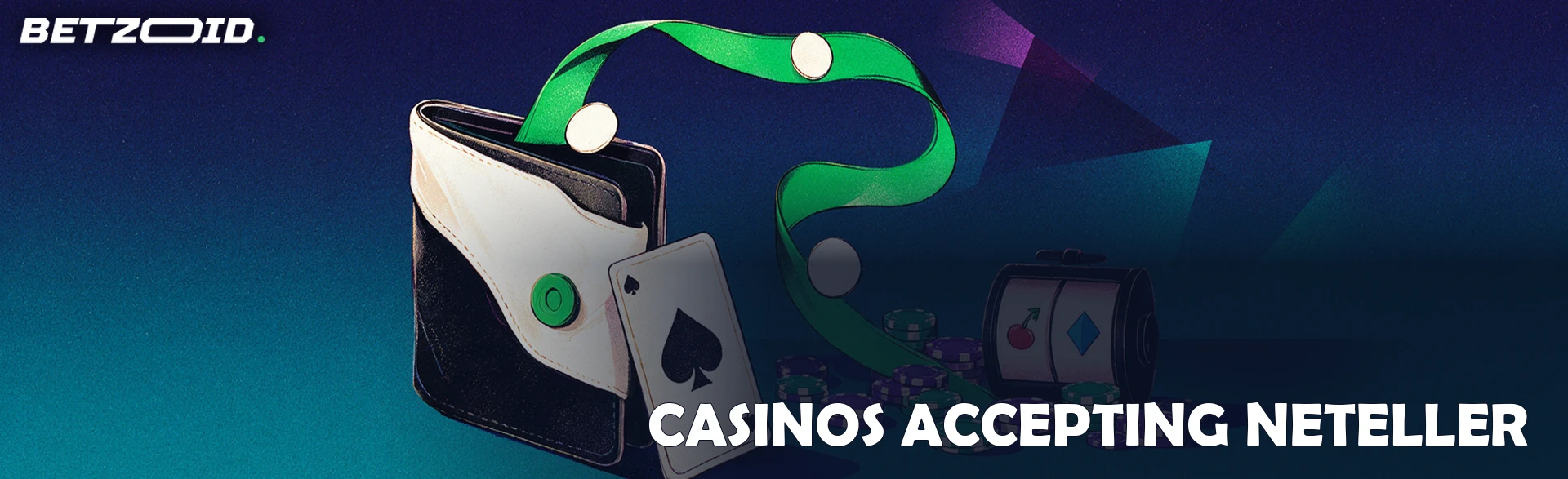Illustration of a large e-wallet with a green ribbon of funds flowing into casino chips, a slot reel drum and a playing card.