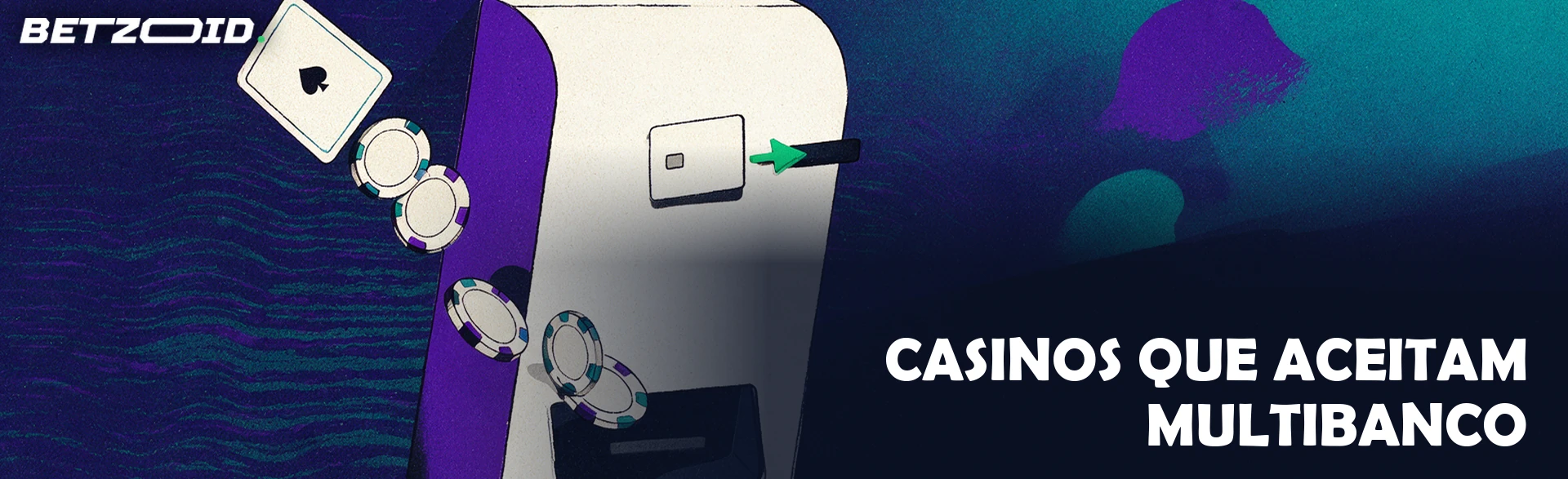 Ilustração de uma caixa automática a receber um cartão bancário e a libertar um arco de fichas de casino e uma carta de jogar.