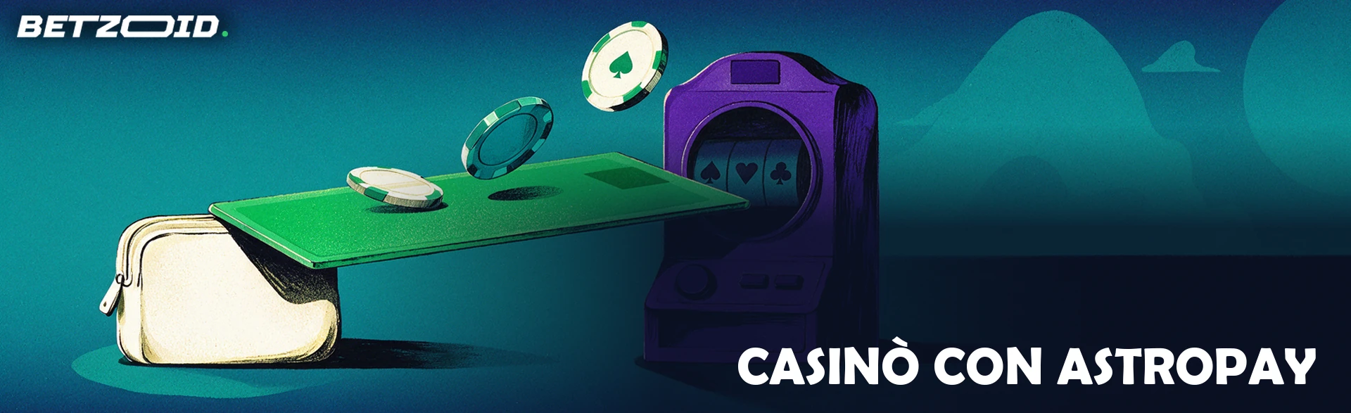 Illustrazione di una carta prepagata inclinata come una rampa che collega un portafoglio a una macchina da casinò, con fiches che la percorrono.