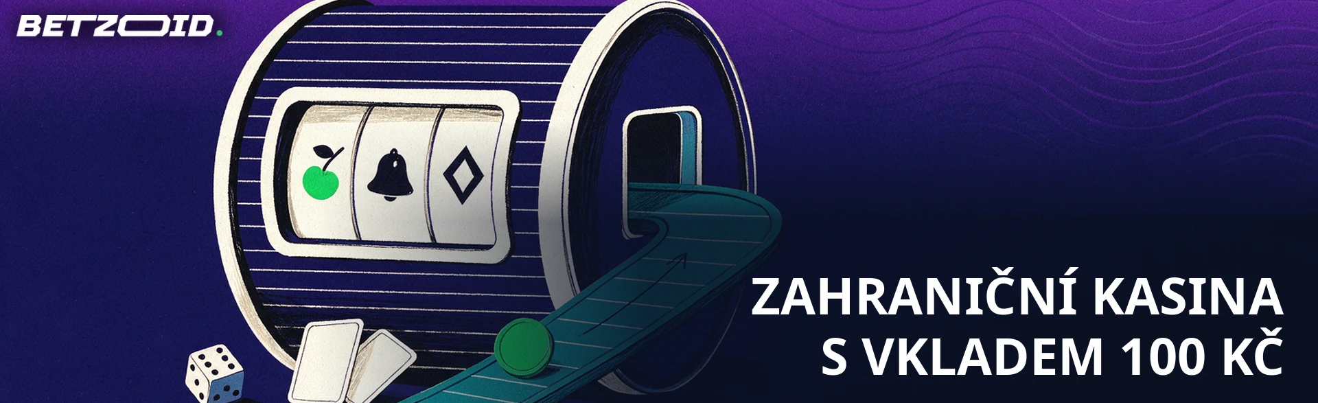 Ilustrace malého žetonu stoupajícího po rampě do velkého válce hracího automatu s kostkou a kartami