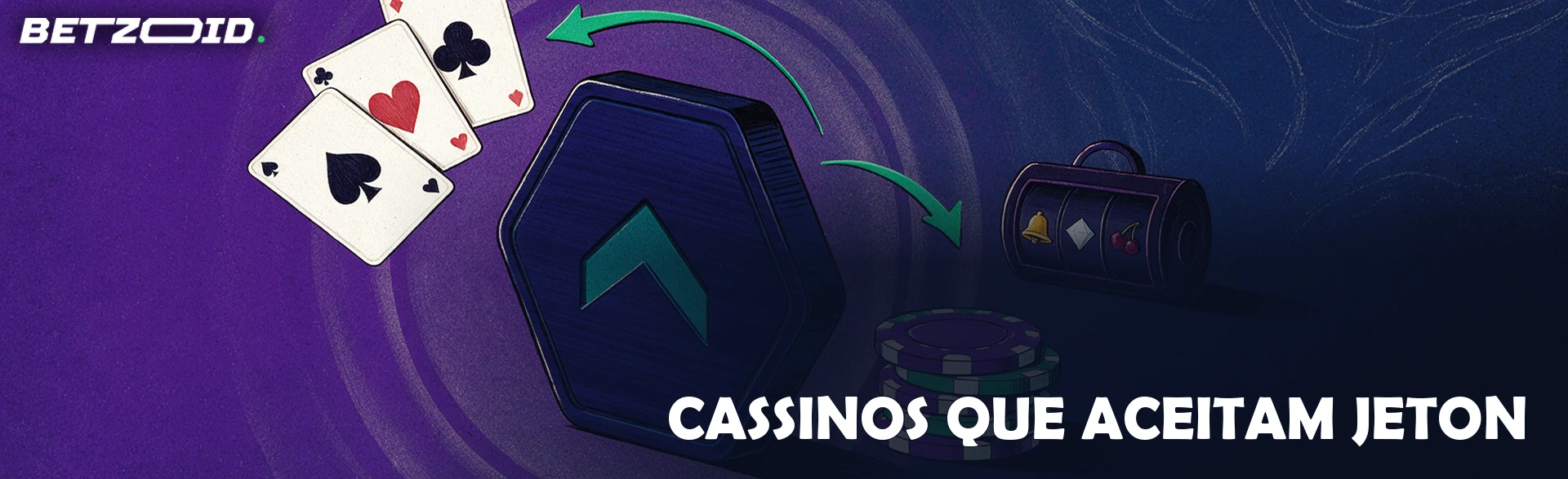 Ilustração de uma ficha de pagamento hexagonal ligada por setas curvas a cartas de baralho, fichas de cassino e um cilindro de caça-níquel.