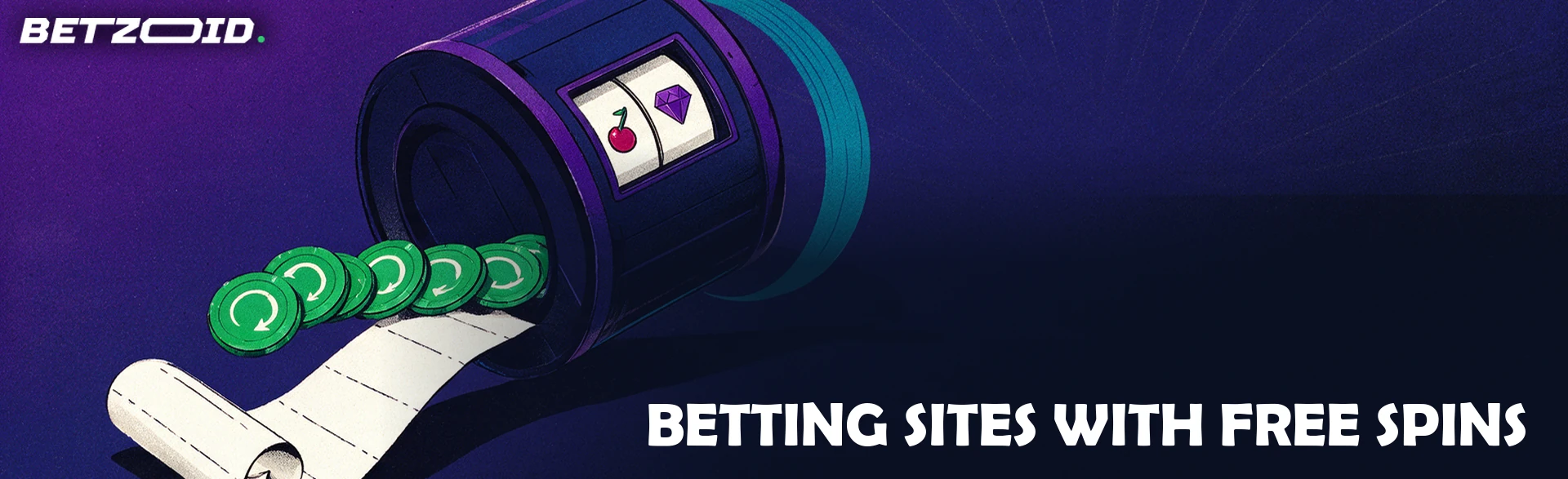 Illustration of a betting slip turning into a ribbon of spin-arrow discs that feeds a large tilted slot machine reel drum.