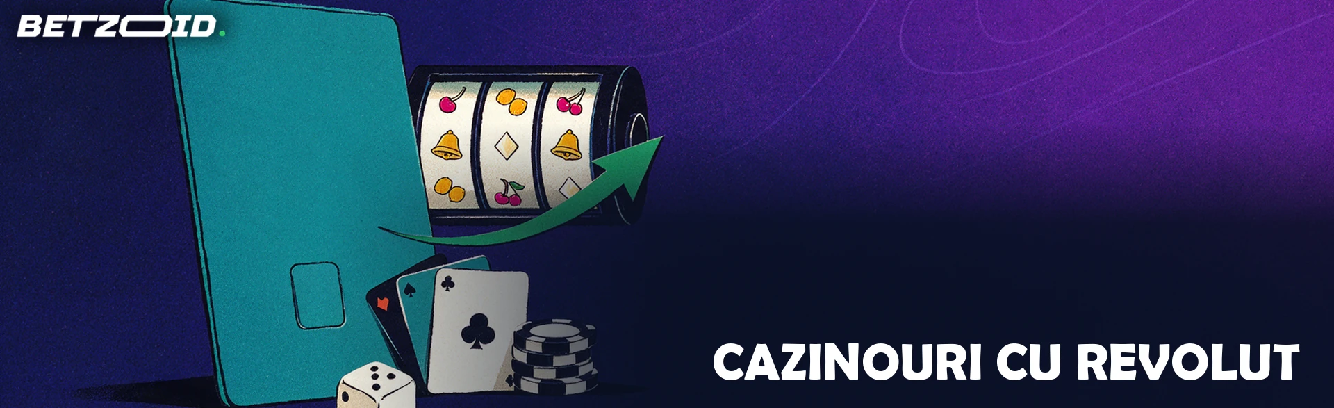 Ilustrație cu un card de plată mare, sprijinit de jetoane și cărți de joc, cu un cilindru de slot machine în spate și o săgeată verde.