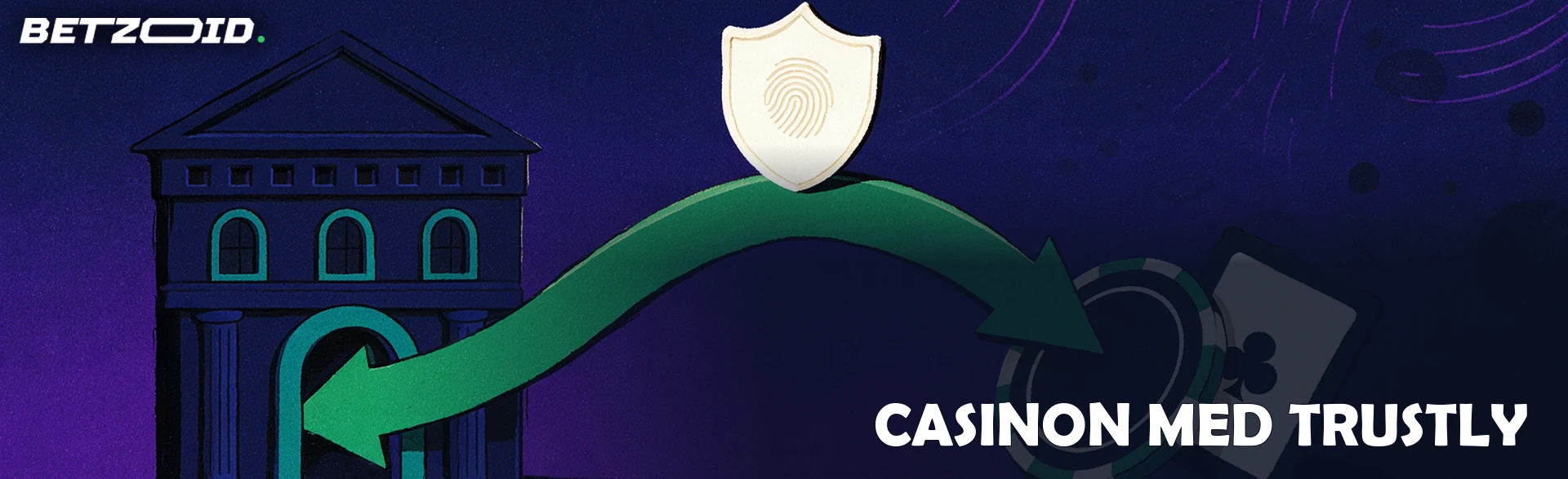 Illustration av ett bankhus och en casinomarker förbundna med en grön dubbelriktad pilbro, med en sköld och ett fingeravtryck i mitten.