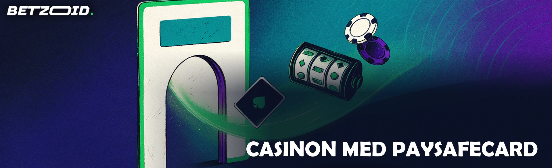 Illustration av ett stort förbetalt kort format som en portal där en spelautomatvals och casinomarker lyfts fram.