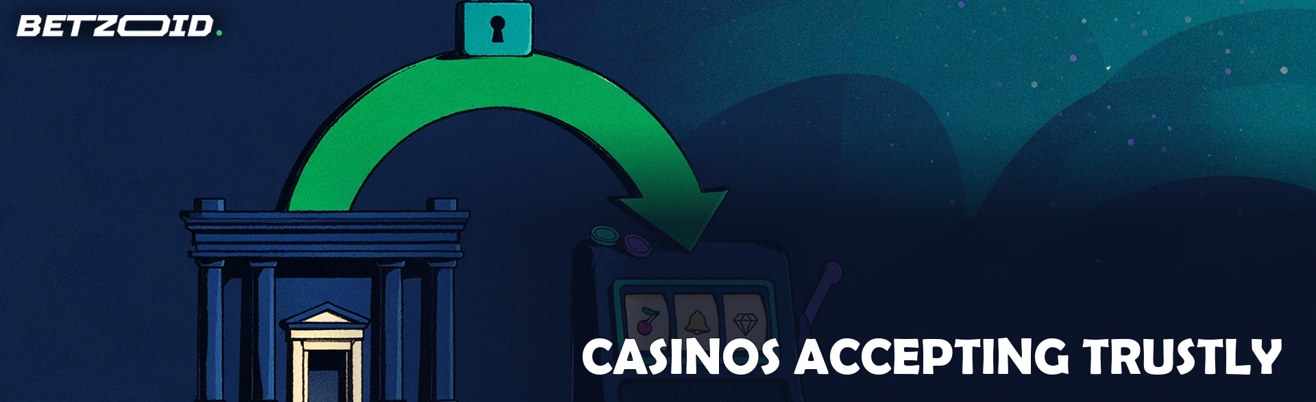 Illustration of a green arrow forming a bridge from a bank building to a slot machine, with a padlock at its apex.