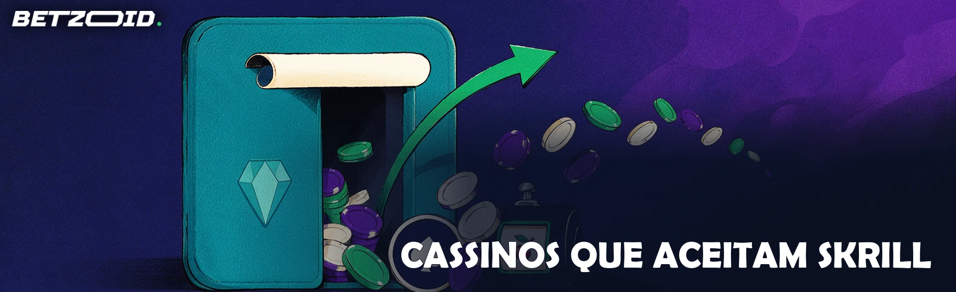 Ilustração de uma carteira digital aberta como uma porta, com um arco de fichas de cassino saindo em direção a um símbolo de carta e a um rolo de caça-níquel.