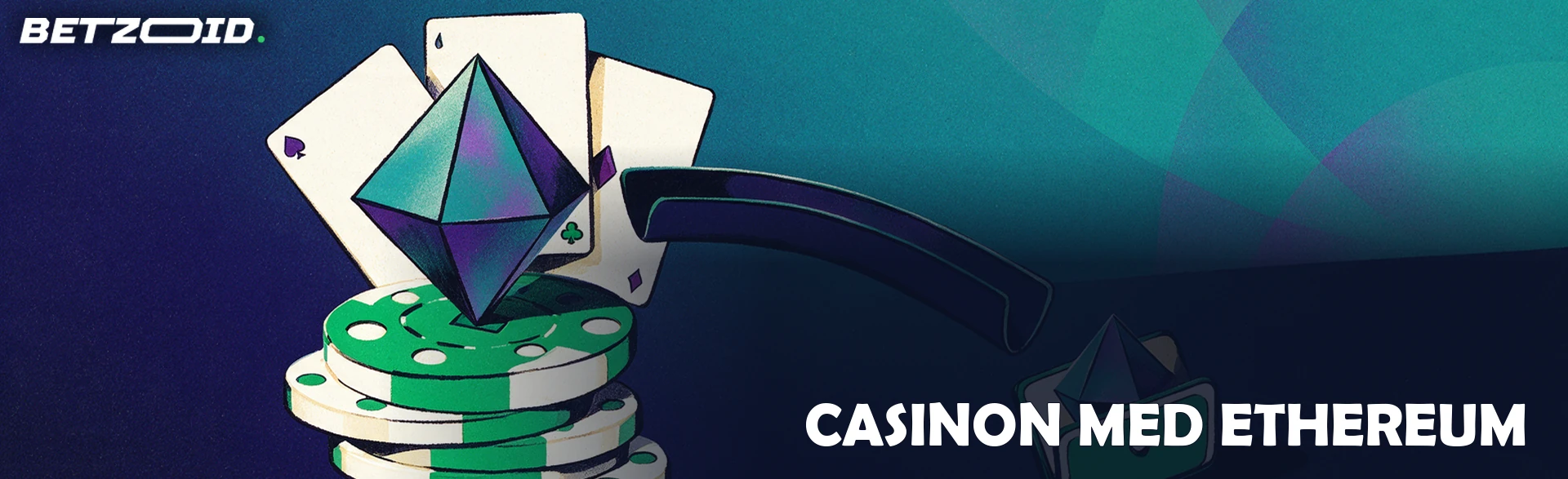 Illustration av en stor kristall som balanserar på en hög casinomarker bredvid spelkort och en öppen plånboksbox som tar emot ett mindre kryptomynt.