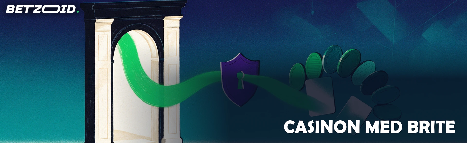 Illustration av en bankportal där ett grönt ljusband strömmar genom en sköld och vidare till casinomarker och spelkort.