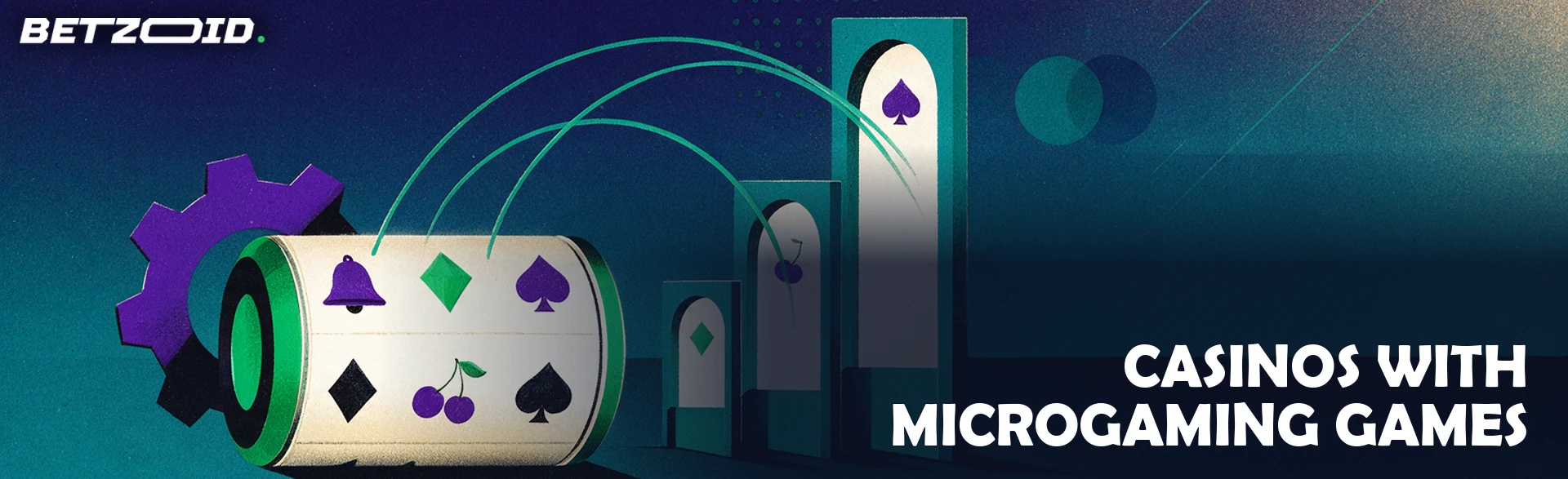 Illustration of a large slot reel drum driven by a cog, with arcs leading through three arched casino entrances holding game symbols.