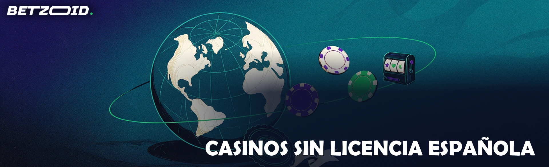 Ilustración de un globo terráqueo estilizado con fichas de casino y un rodillo de tragaperras que lo orbitan, junto a un sello oficial apoyado en el suelo.