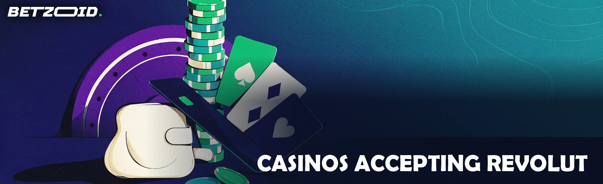 Illustration of a chip stack and playing cards on the left with a blank payment card arcing into a wallet shape