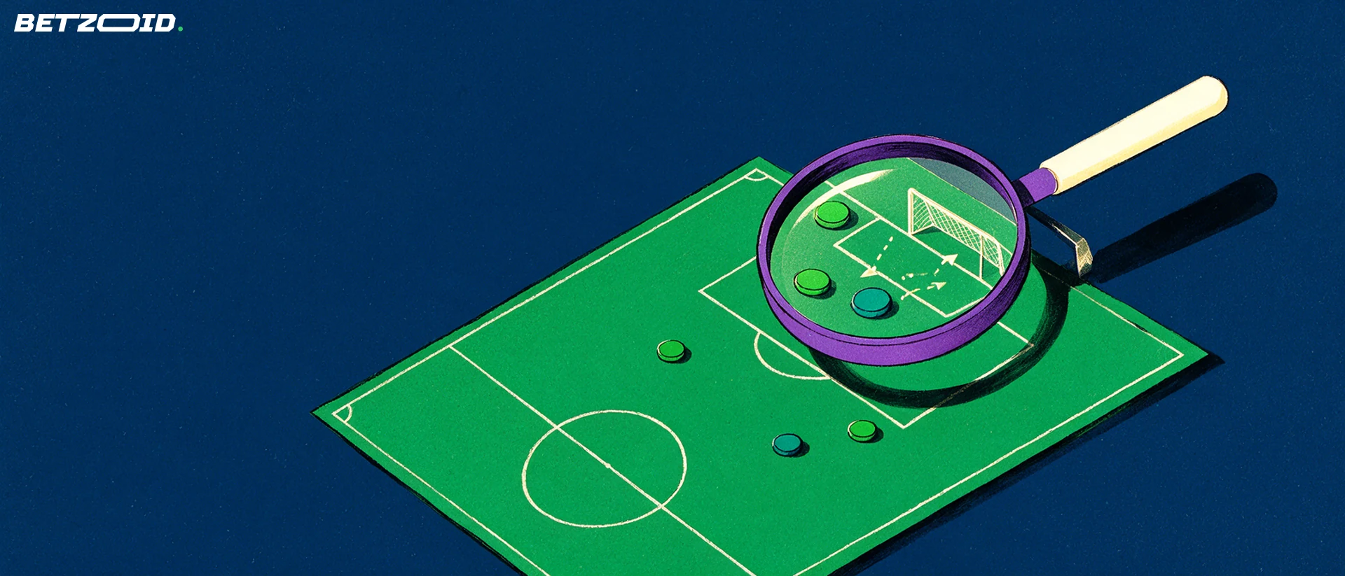 Illustration of a magnifying glass enlarging player markers and movement arrows on a simplified football pitch diagram
