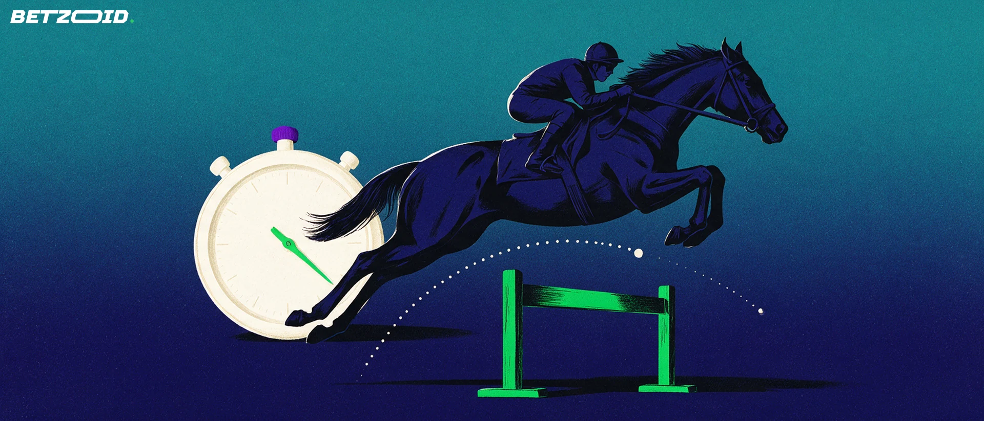 Illustration of a racehorse and jockey jumping a hurdle beside a large stopwatch with a dotted trajectory arc