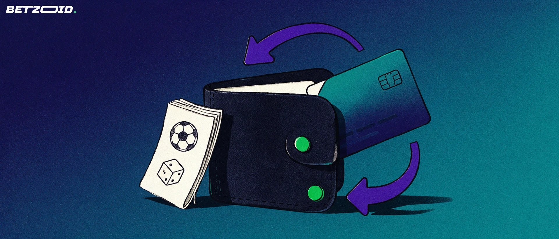 Ilustración de una cartera con una tarjeta de pago, un boleto de apuestas y flechas que indican depósitos y retiros.