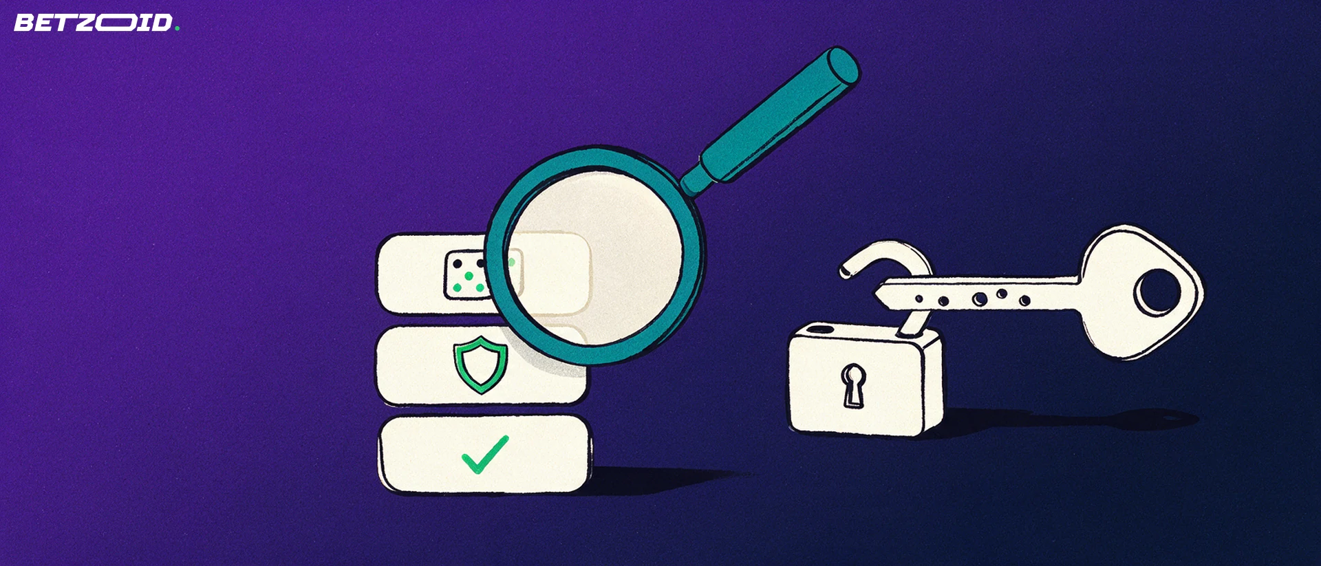 Ilustración de una lupa que examina tarjetas con una marca de verificación y un escudo, junto a una llave y un candado abierto.