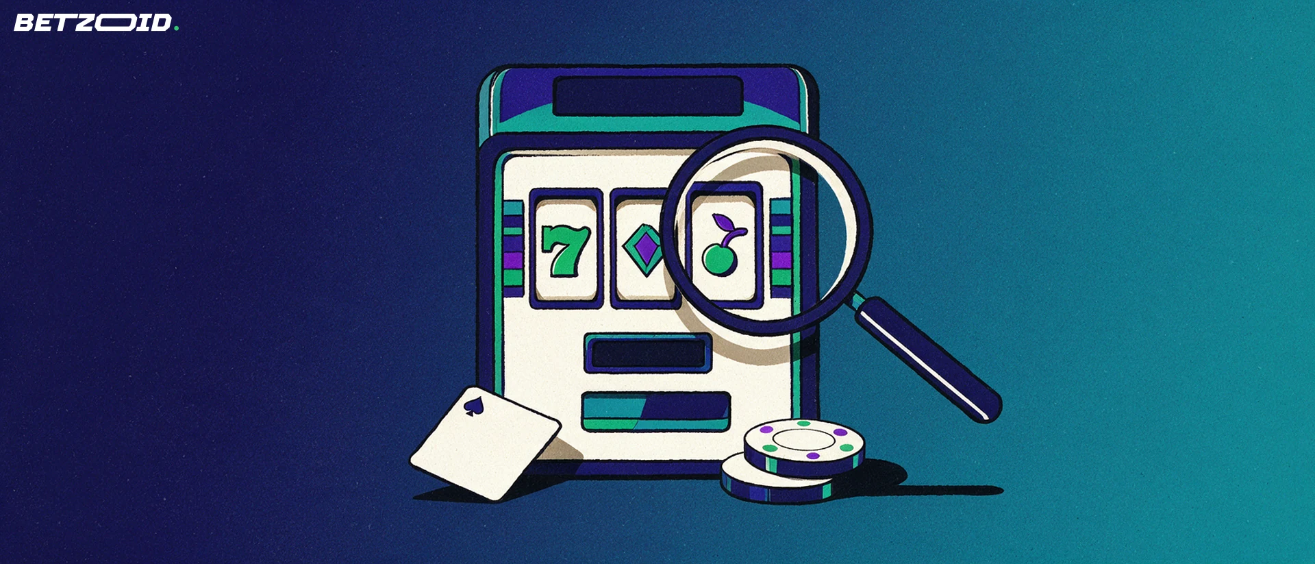 Ilustración de una máquina tragamonedas con símbolos geométricos examinada por una gran lupa, junto a fichas y una carta.