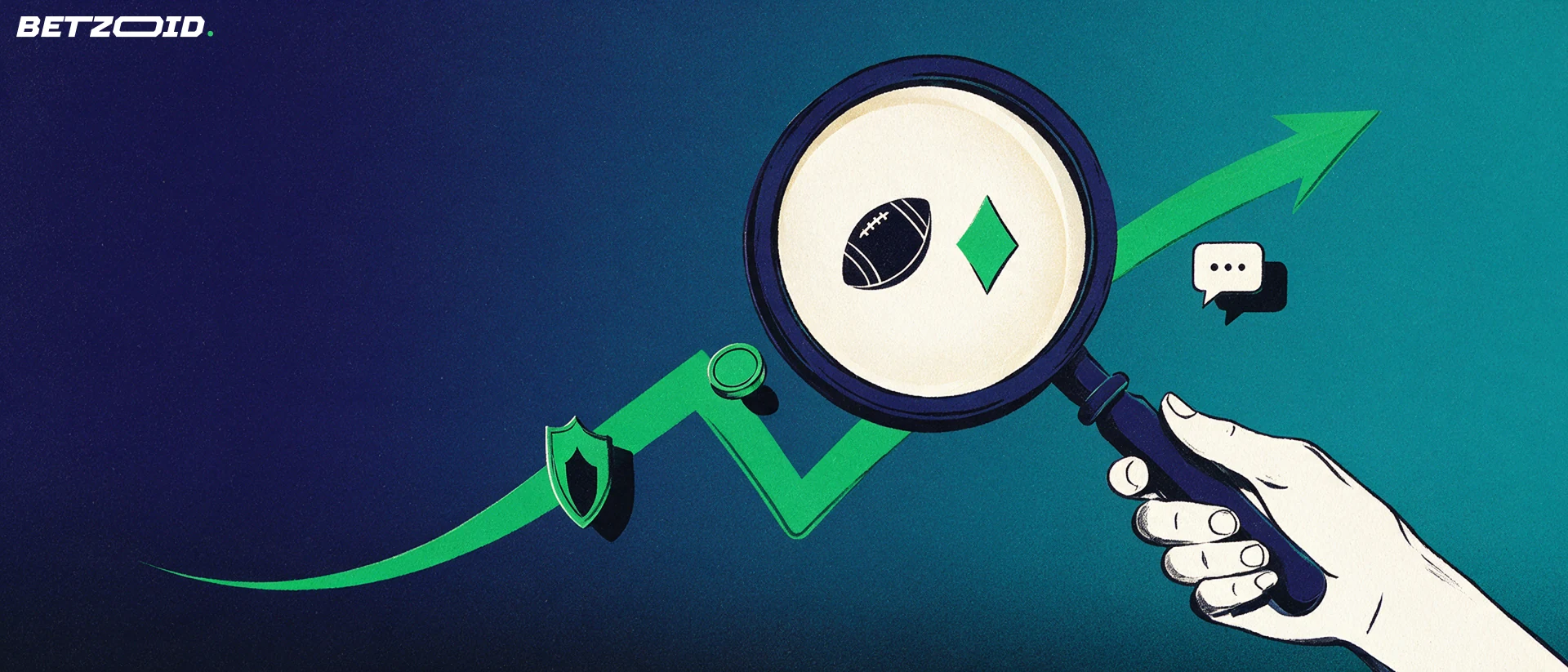 Illustration of a magnifying glass revealing a football and a card suit symbol beside a green checkmark arrow and small shield, coin and chat-bubble icons