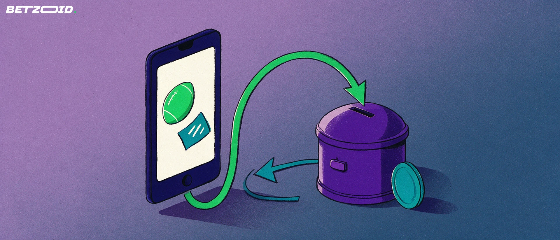 Illustration of a smartphone with football and bet-slip symbols connected by arrows to a coin vault, showing deposits and withdrawals