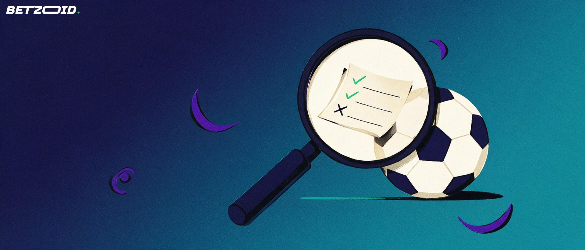 Illustration of a large magnifying glass examining a football prediction slip marked with check and cross symbols beside a football.