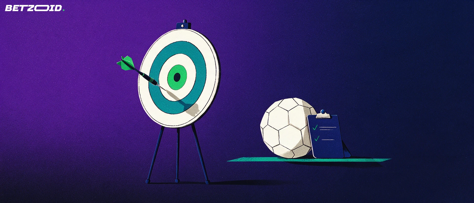 Illustration of a dart striking a ring of a target board next to a football and a small clipboard with check marks.