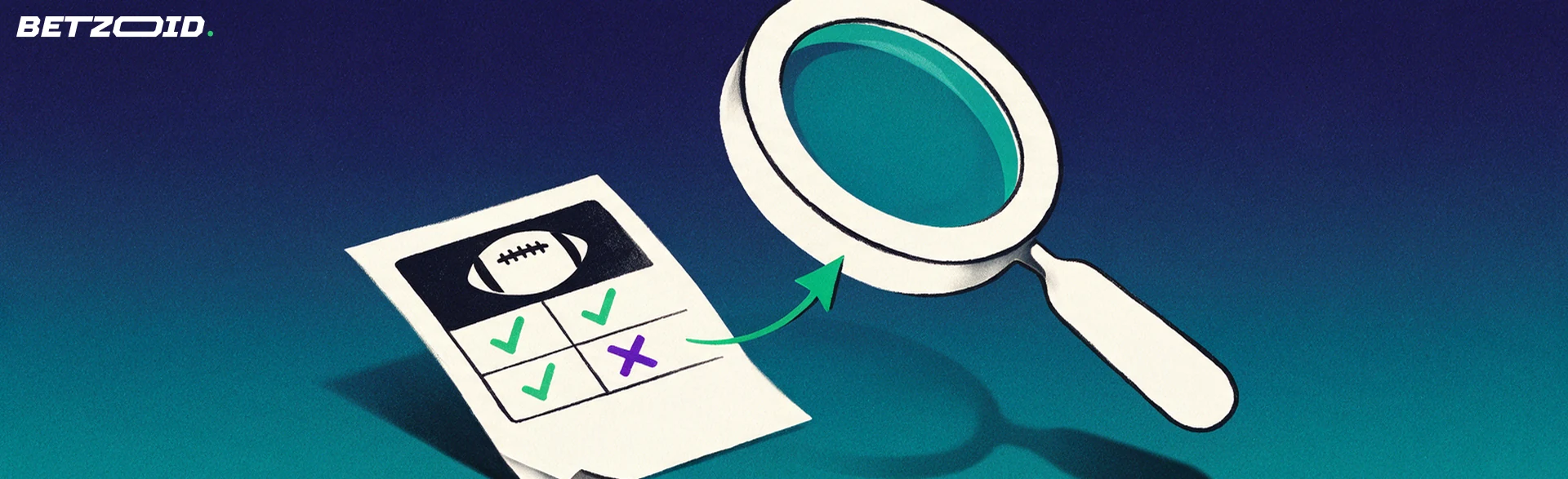 Illustration of a magnifying glass examining a paper sports betting slip marked with check marks and a football symbol.