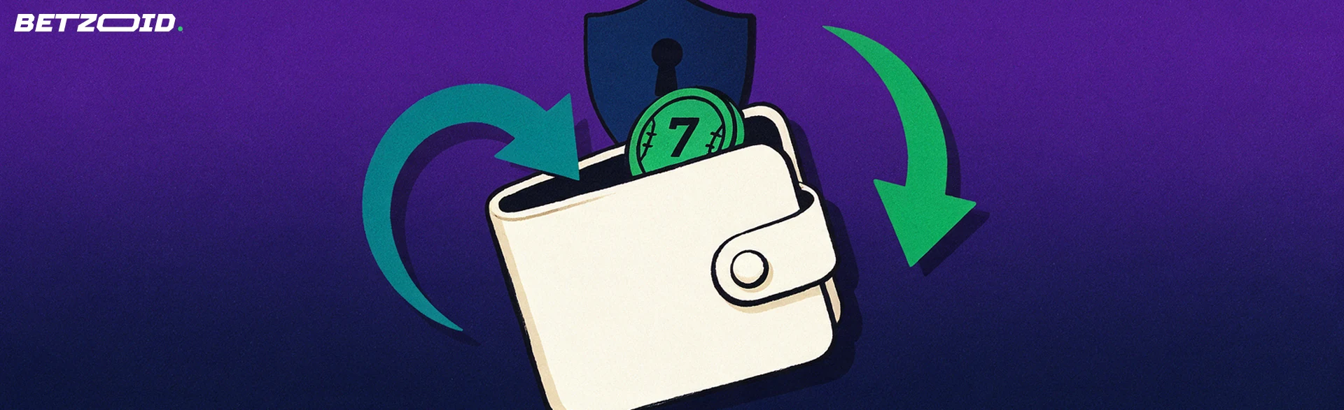 Illustration of a wallet holding a football token with arrows flowing in and out, beside a small shield with a keyhole.